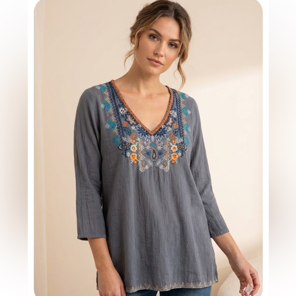 Johnny Was Embroidered V-Neck‎ Blouse